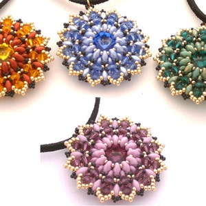 May include: Four beaded necklaces with flower-shaped pendants. The pendants are made with gold, black, and various coloured beads. The necklaces are on a white background.