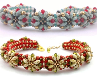 Puede incluir: Dos pulseras de cuentas con un diseño floral. La pulsera superior es verde, blanca y roja. La pulsera inferior es roja, blanca y verde.