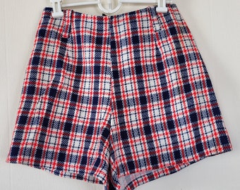 Vintage 1960s Shorts High Waisted Booty Shorts Red White Blue Checkered Polyester Cotton Size Small Belt Loops Zipper Closure Good Condition