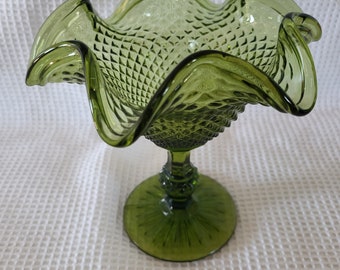 Vintage 1960s Glass Candy Dish Dark Green Ruffled Pedestal Diamond Pattern Retro Good Condition
