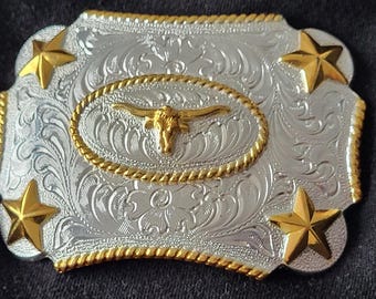 Vintage 1990s Nocona Belt Buckle: Silver Bull Horns & Gold Stars