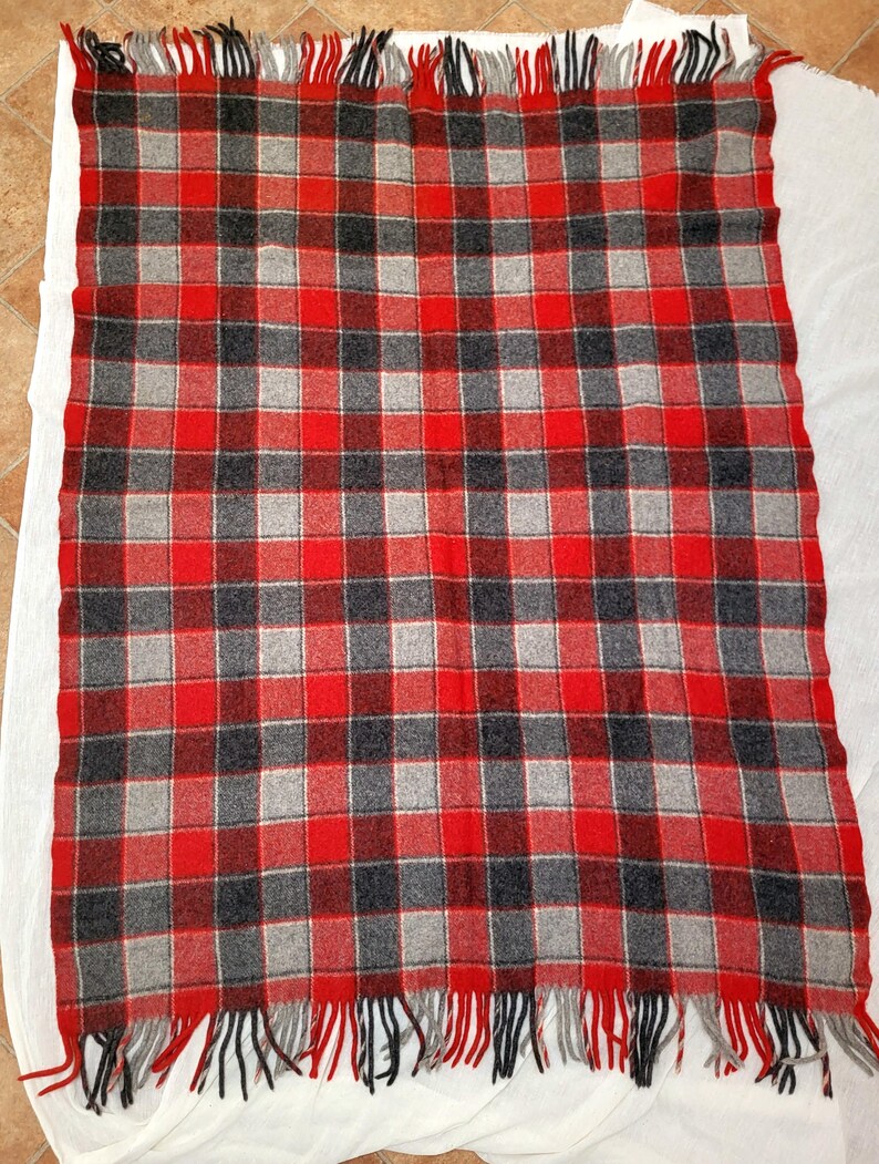 Op de afbeelding: Een rood, zwart en grijs geruite deken met franjes. De deken heeft een klassiek ruitpatroon. De franjes zijn zwart en grijs. De deken is gemaakt van een zacht materiaal en is geschikt als sprei of decoratief item.