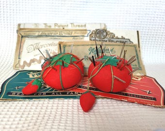 Vintage Tomato Pin Cushions with Strawberry, Sewing Needles Lot