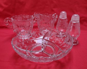 Vintage Cambridge Rose Point Etched Glass Set, Salt Pepper, Relish, Cream Sugar