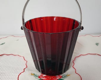 Ice Bucket Glass Dark Red Ribbed Silver Handle Barware 1950s