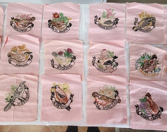 Vintage Circa 1940s Quilt Top Squares Pink Cotton State Birds Embroidered Size 8 1/2" x 7 1/2" Lot of 18