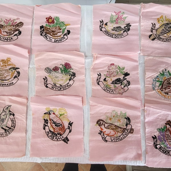 Vintage Circa 1940s Quilt Top Squares Pink Cotton State Birds Embroidered Size 8 1/2" x 7 1/2" Lot of 18