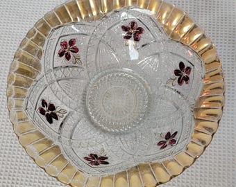 Vintage 1950s Pressed Glass Serving Bowl: Gold Trim, Red Pansies