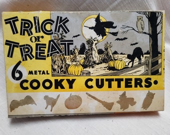 Vintage 1950s Halloween Metal Cookie Cutters - Set of 6 in Original Box
