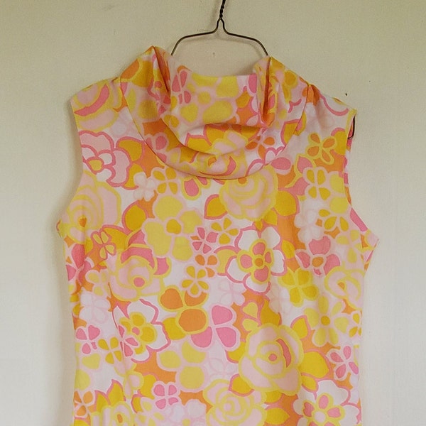 Vintage 1960s Sleeveless Top Cowl Neck Crepe Material Yellow Pink and White Flowers Button Closure on Back Size Small Noisy Colors Chic!