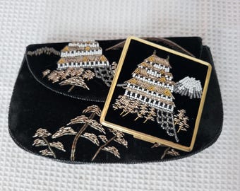 Vintage 1950s Black Velvet Clutch Purse & Compact Set: Japanese Beaded Design