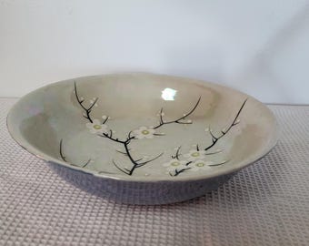 Vintage Japanese Lusterware Serving Bowl: 1950s Cherry Blossom, 10"
