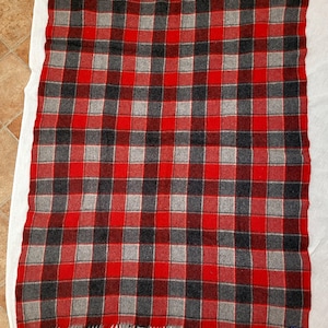 Op de afbeelding: Een rood, zwart en grijs geruite deken met franjes. De deken heeft een klassiek ruitpatroon in een rechthoekige vorm. De franjes zijn een mix van rood, zwart en grijs. De deken is gemaakt van een zacht materiaal.