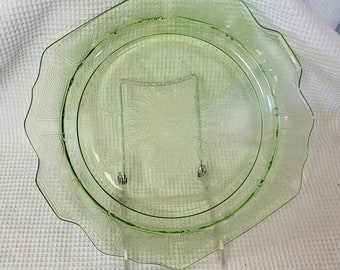 Vintage Circa 1940s Depression Glass Green Cake Plate Spoke Princess Pattern 11 3/4" Handled Uranium Beautiful Excellent Condition
