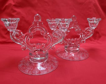 Cambridge Rose Point Pattern Candleabras Set Of 2 Etched Glass 1950s
