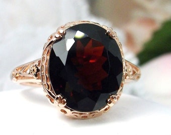 Natural Garnet Ring Size 6 | Rose Gold plated Sterling Silver Oval 5ct Red Gem Floral Deco/Edwardian Filigree Design#70z