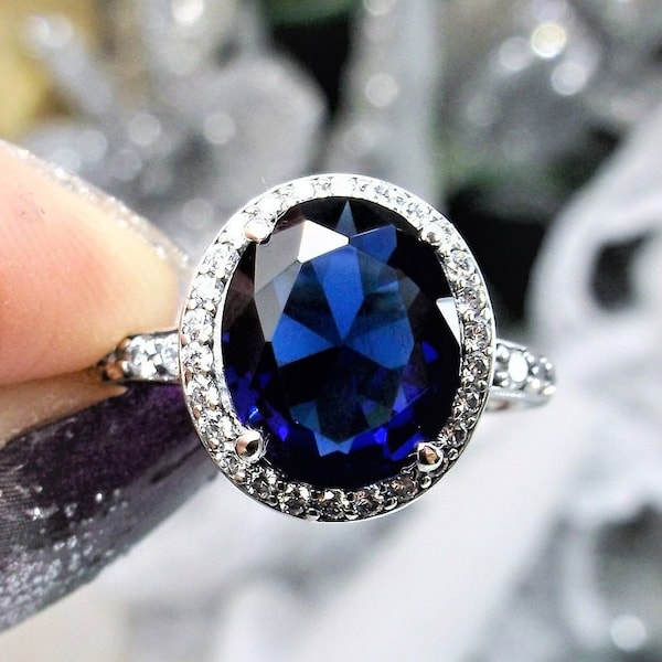 Sapphire Halo Ring | 925 Sterling Silver | 4ct Oval Cut Simulated Sapphire & White CZ Pavé Accents Art Deco Filigree [Custom] Design#228