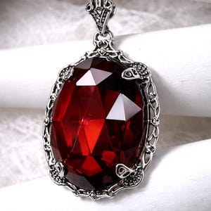 Red Garnet CZ Necklace Pendant • Huge Oval Checkerboard Faceted Gemstone Sterling Silver 925 Filigree • Made to Order | #P10