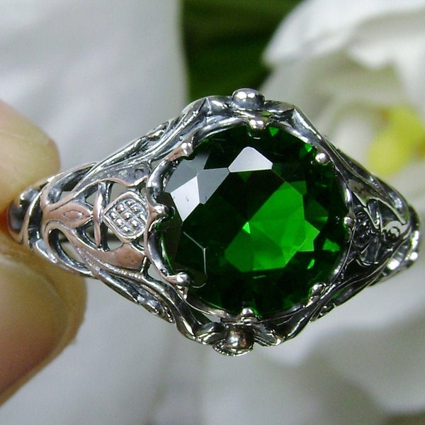 Emerald Ring/ Solid Sterling Silver/ 2ct Simulated Or Natural Green Emerald Victorian Floral Daisy Filigree [Custom Made] Design#66