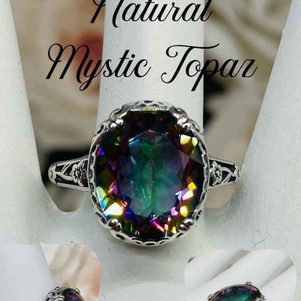 Natural Mystic Topaz Ring/ Solid Sterling Silver/ 4ct Rainbow Mystic, Floral Edwardian Filigree [Custom Made] Design#70z