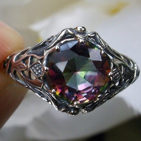 Mystic Topaz Ring/ Solid Sterling Silver/ 2ct Simulated Or Natural Topaz Victorian Daisy Filigree [Custom Made] Design#66