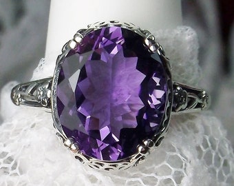 Natural Amethyst Ring Sterling Silver Oval 3.3ct Purple Gemstone Floral Art Deco Edwardian Filigree [Made to Order] Design#70z