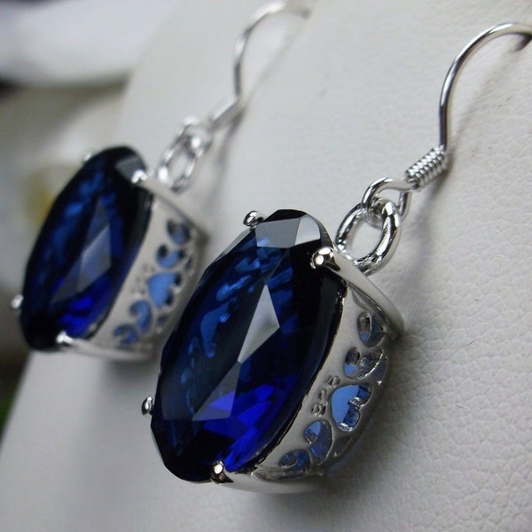 Blue Sapphire Earrings/ Solid Sterling Silver/ Oval Cut Simulated Blue Sapphire Gems Dangle Drop Filigree Earrings [Custom Made] Design#E35