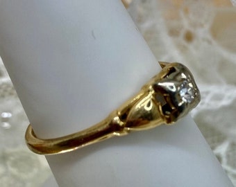 Gold Diamond Ring/ Antique Edwardian Wedding Two Tone Diamond 14K White & Yellow Gold Filigree Ring Size 7