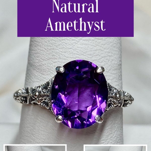 Natural Purple Amethyst Ring/ Solid Sterling Silver/ Natural Purple Amethyst Medieval Floral Filigree [Made To Order] Design#173