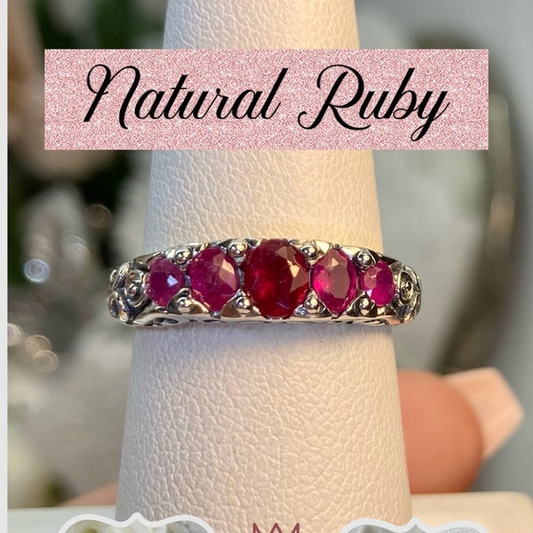 Natural Ruby Ring Solid Sterling Silver /Natural Treated Red/Pink Ruby 5-stone Georgian Victorian Filigree [Made To Order] Design#19