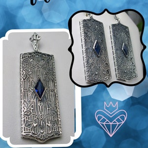 Blue Sapphire Set/ Sterling Silver/ Art Deco 1920's Simulated Blue Sapphire Silver Filigree Long Earrings & Necklace [Custom Made]Design#S64