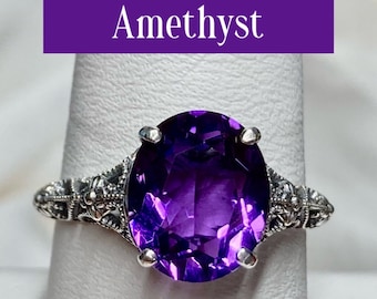 Natural Purple Amethyst Ring/ Solid Sterling Silver/ Natural Purple Amethyst Medieval Floral Filigree [Made To Order] Design#173
