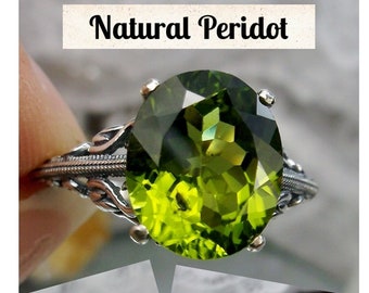 Natural Peridot Ring | 10k, 14k or Sterling Silver | 5ct Natural Green Peridot, Antique Reproduction Swan Filigree [Custom Made] Design#190