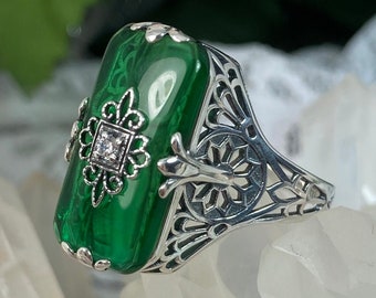 Emerald Glass Ring/Sterling Silver/Embellished Green Camphor & Inset CZ, Moissanite, or Diamond Grace Filigree [Custom Made] Design#233