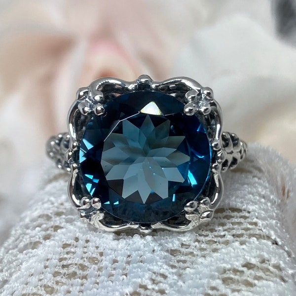 London Blue Topaz Ring Solid Sterling Silver or Gold 7ct Round Natural Topaz Victorian Filigree [Made To Order] Speechless Design#103