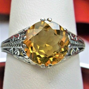 Natural Citrine Ring/ Solid Sterling Silver | Natural Yellow Citrine Edwardian Art Deco 2Fleur Floral Filigree [Made To Order] Design#159