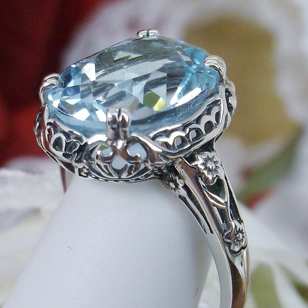 Sky Blue Topaz or Natural Aquamarine Gem Ring Sterling Silver Floral Flower Edwardian Filigree [Made to Order] Design#70z