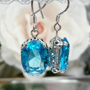 Swiss Blue Topaz Earrings/ Sterling Silver/ Oval Simulated Topaz, Edwardian Art Deco Filigree [Custom Made] Design#E70