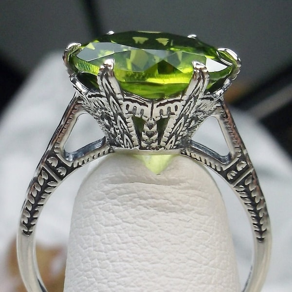 Green Peridot Ring/ Solid Sterling Silver/ 6ct Round Cut Green Peridot Edwardian 1910 Etched Filigree [Custom Made] Design#37