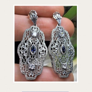 Sapphire Earrings | Sterling Silver Simulated Blue Sapphire & White Cubic Zirconia Gems Art Deco 1930&#39;s Filigree [Custom Made] Design#E61