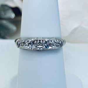 Gold Diamond Band Ring Size 5.25 | Antique Edwardian Deco Wedding White Diamonds 14K White Gold Filigree Engagement Estate Vintage