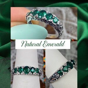 Emerald Ring/ Sterling Silver / 2ctw Treated Natural Green Emerald 5-stone Georgian Victorian Filigree Stackable [Made To Order] Design#D19