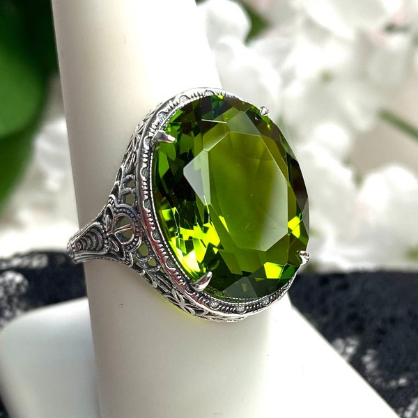 Peridot Ring/ Solid Sterling Silver/ 9ct Oval Simulated Green Peridot Art Deco/Vintage Filigree [Custom Made] Persian Design#230