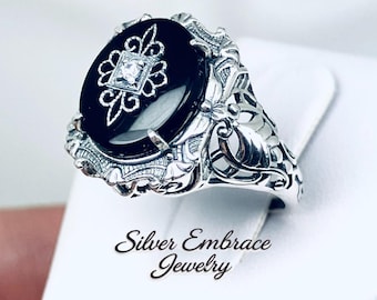 Onyx Embellished Ring | 3ct Oval Natural Black Inset White CZ Gem | Sterling Silver Art Nouveau Filigree [Made To Order] Beauty Design#229