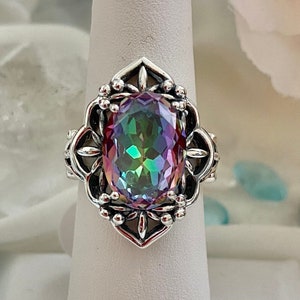 Mystic Topaz Ring/ Solid Sterling Silver/ 6ct Oval Cut Mystic Topaz, Mesh Gothic Filigree [Custom Made] Design#98