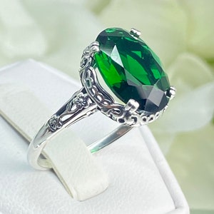 Emerald Green Gemstone Ring Sterling Silver/ 6ct Oval Simulated Emerald Silver Floral Art Deco Edwardian Filigree [Custom Made] Design#70