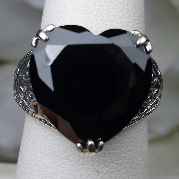 Black CZ Ring/ Solid Sterling Silver/ 10ct Black Cubic Zirconia Gothic Heart Claw Filigree [Custom Made] Design#132