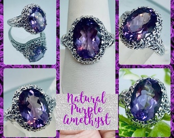 Natural Amethyst Ring/ Solid Sterling Silver/ 5ct Oval, Silver Butterfly Floral Filigree [Custom Made] Design#79