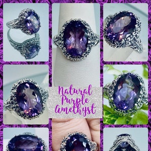 Natural Amethyst Ring/ Solid Sterling Silver/ 5ct Oval, Silver Butterfly Floral Filigree [Custom Made] Design#79