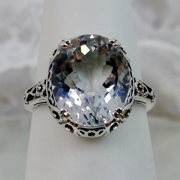 Natural White Topaz Ring/ Solid Sterling Silver/ 5ct Natural White Topaz Floral Art Deco Edwardian Filigree [Custom Made] Design#70z